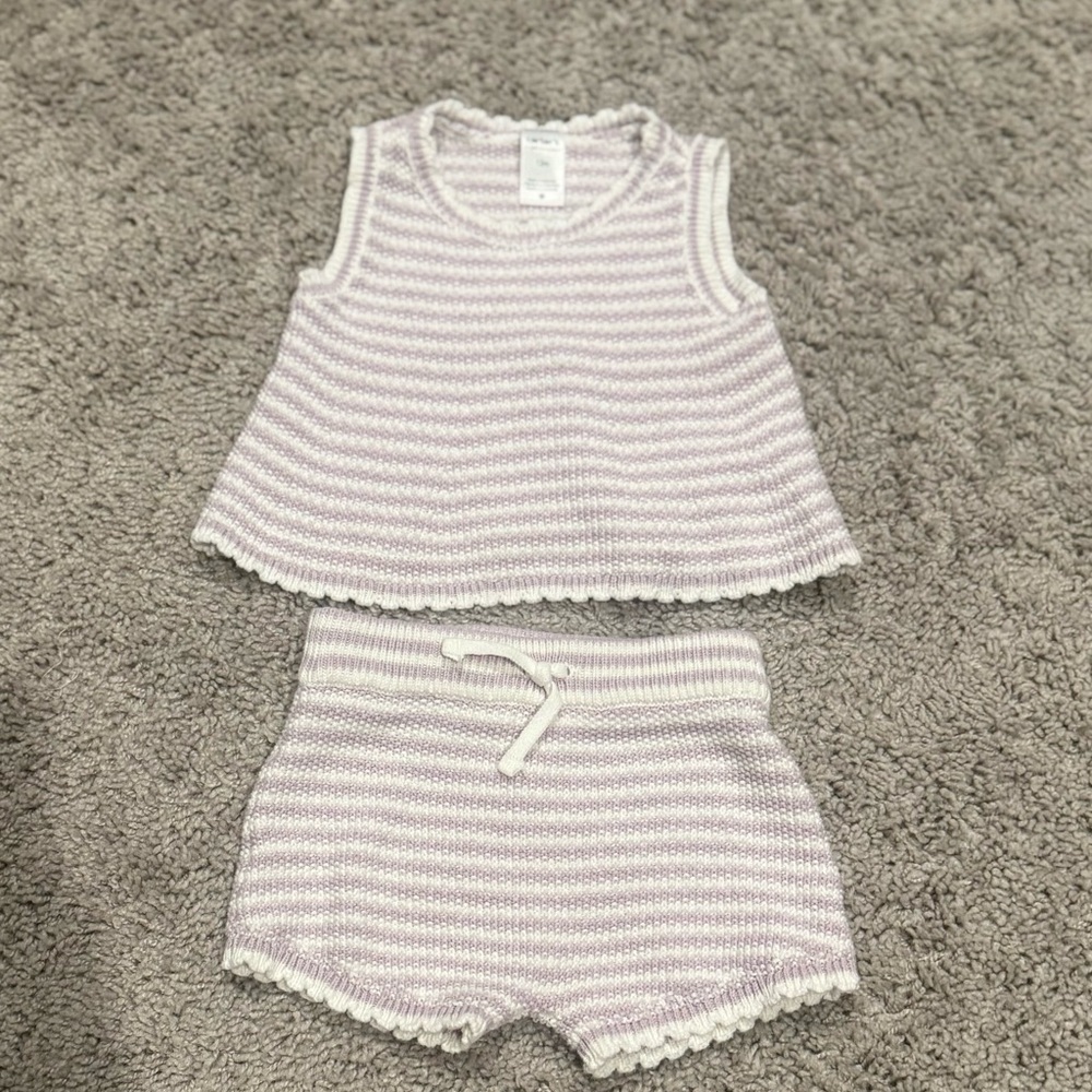 Carter's Lavender and White Striped Knit Tank and Shorts Set